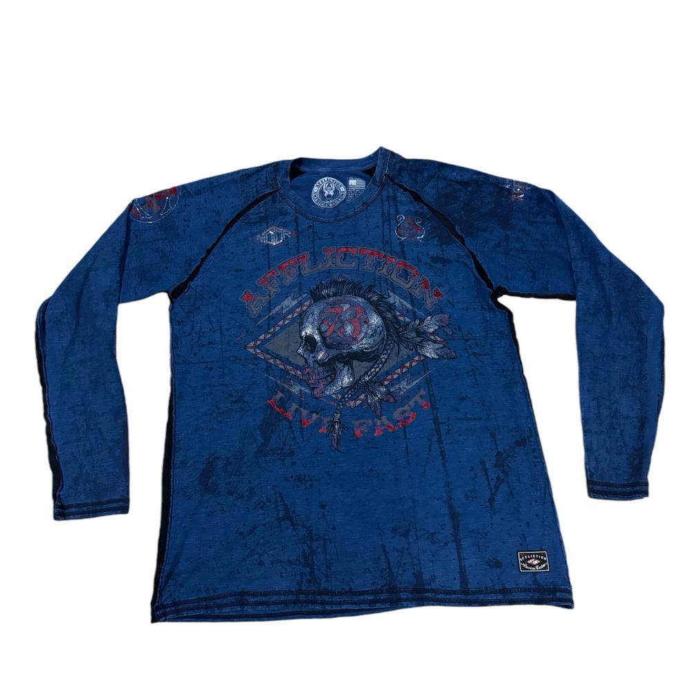 Affliction Double Sided Grunge Shirt Mens 2XL Blue Black Skull Biker